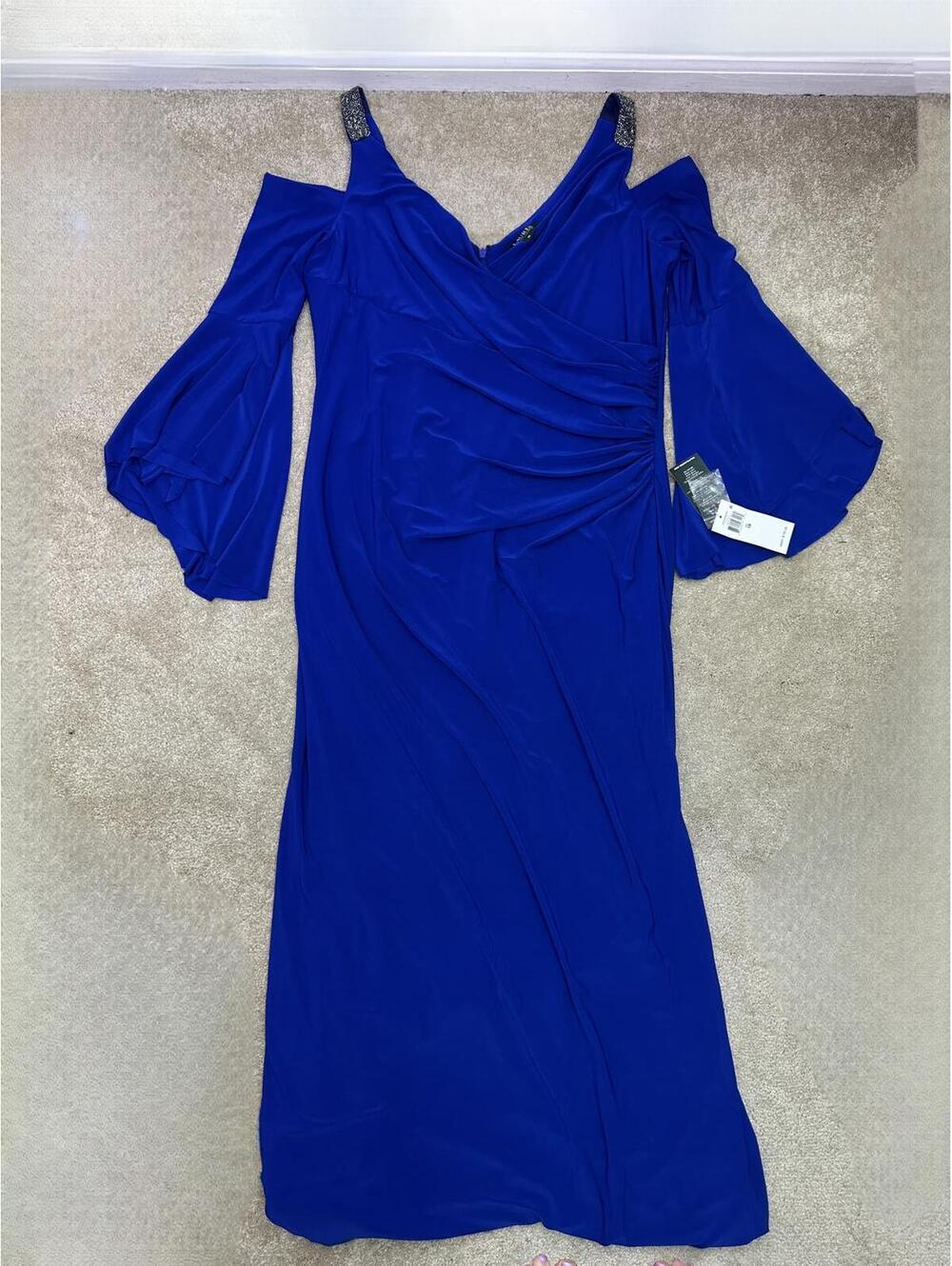 Sz 18 Lauren Ralph Lauren Royale Blue Cold Shoulder Ruched Bell Sleeves Gown - Picture 5 of 9